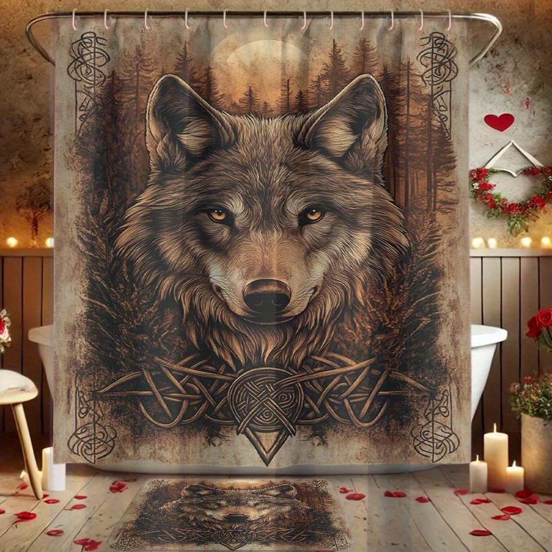 4 Stück Timber Wolf Aufdruck Duschvorhang, Duschvorhang Set, Mit 12 Kunststoffhaken, Maschinenwaschbar, Badezimmerzubehör