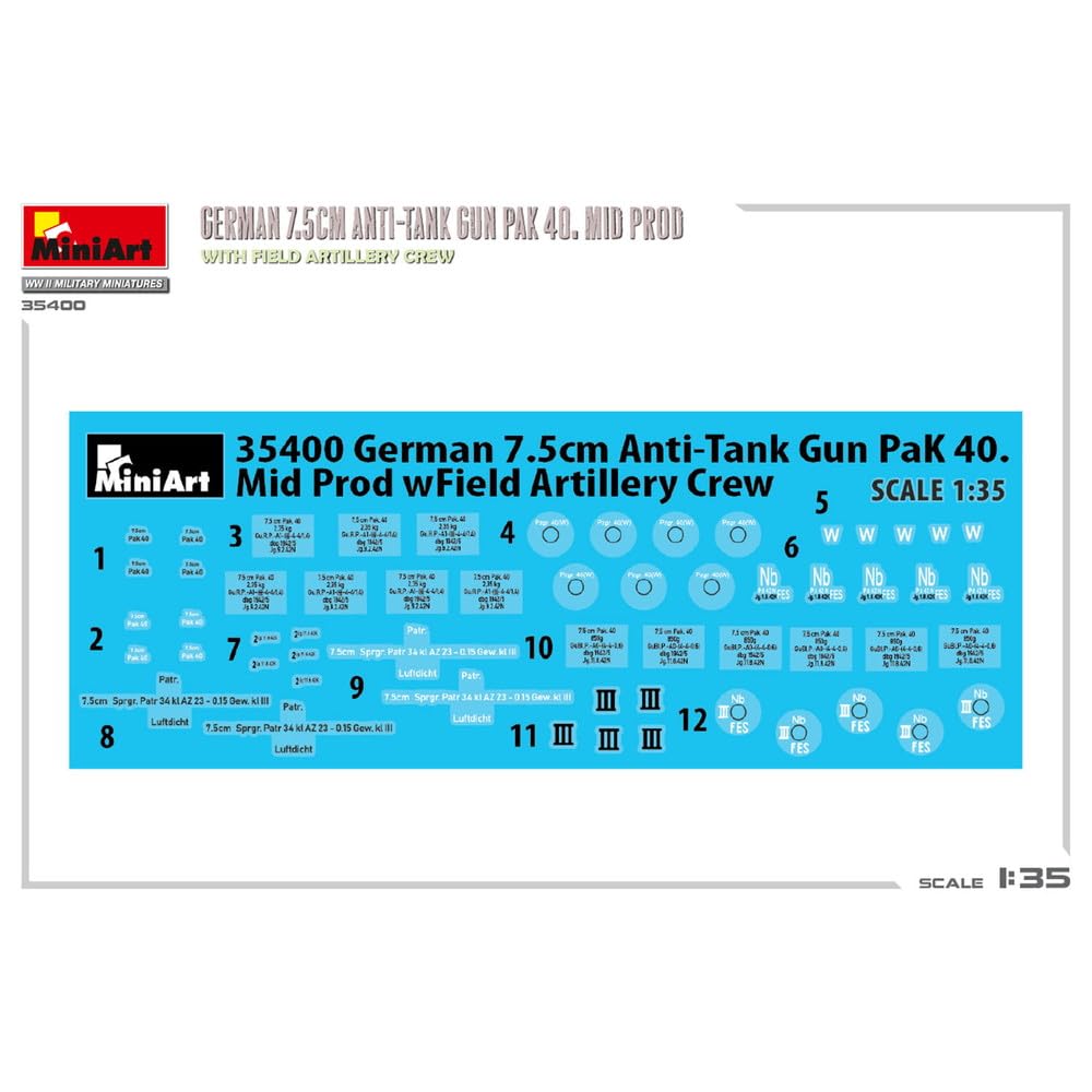 Miniart Scale WWII German Pak 40 with Artillery Plastic Model Number MA35400 1/35 7.5cm Anti-Tank Gun, Mid-Production, Figure, Model,