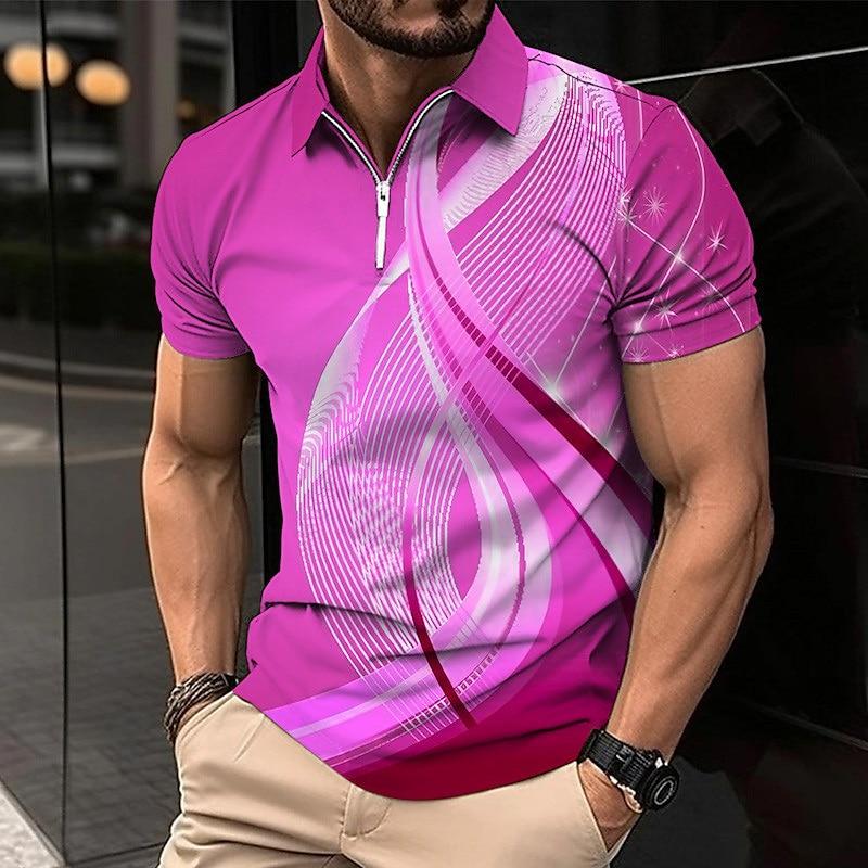 Men's Shirt Polo Casual Zip Short Sleeve Fashion Casual Zipper Summer Spring Regular Fit 3D Green Curve Print Shirt