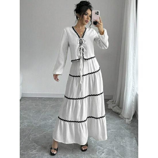 

Lace Layered Ruffled Lantern Sleeve Bow Blouse and Skirt Set for Women L білий