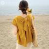 Back Ribbon Commuter J-Scott Women's Top, Waist-Cut, A-Line, Gathered, Spring/Summer, Elegant, Versatile, Comfortable, Girly, Style, Yellow,