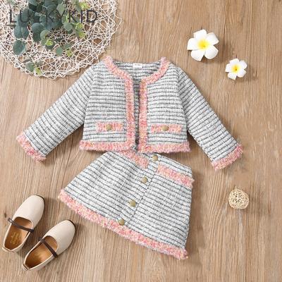 Conjunto de 2 peças de jaqueta e saia para bebês meninas combinando com blazer falso