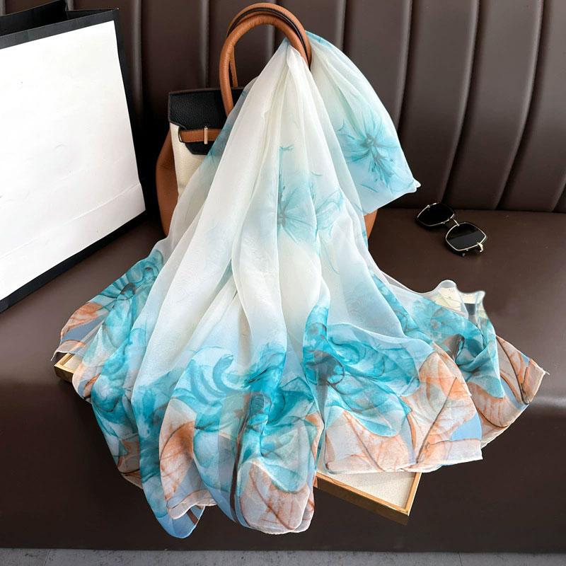 Silk Scarf Folral Women Summer Hijab Luxury Print Sunscreen Shawl Wraps Bandana Ladies Head Scarves Large Foulard Echarpe