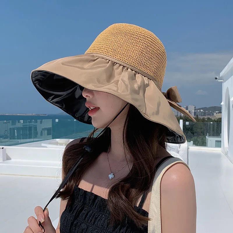 Korean-Style Women's Wide Brim Sun Hat with Bow and Face Mask - Versatile Outdoor UV Protection Hat for Adults