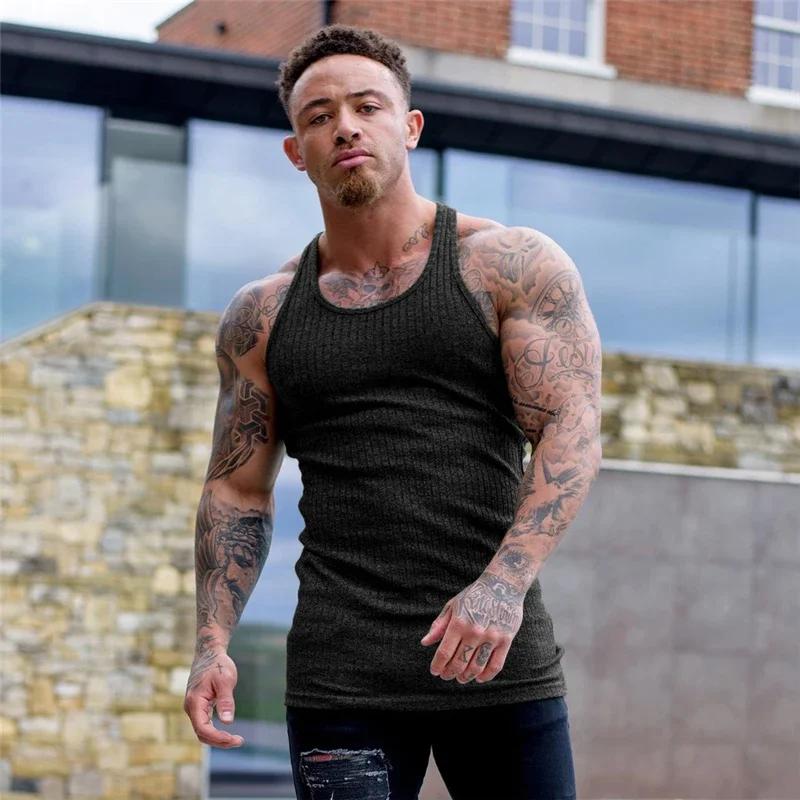 Muscleguys Einfache Laufwesten Sommer Schnelltrocknend Gestrickte Tanktops Fitnessstudio Fitness Ärmellos Streifen Enganliegende Hemden Herren Bodybuilding Kleidung