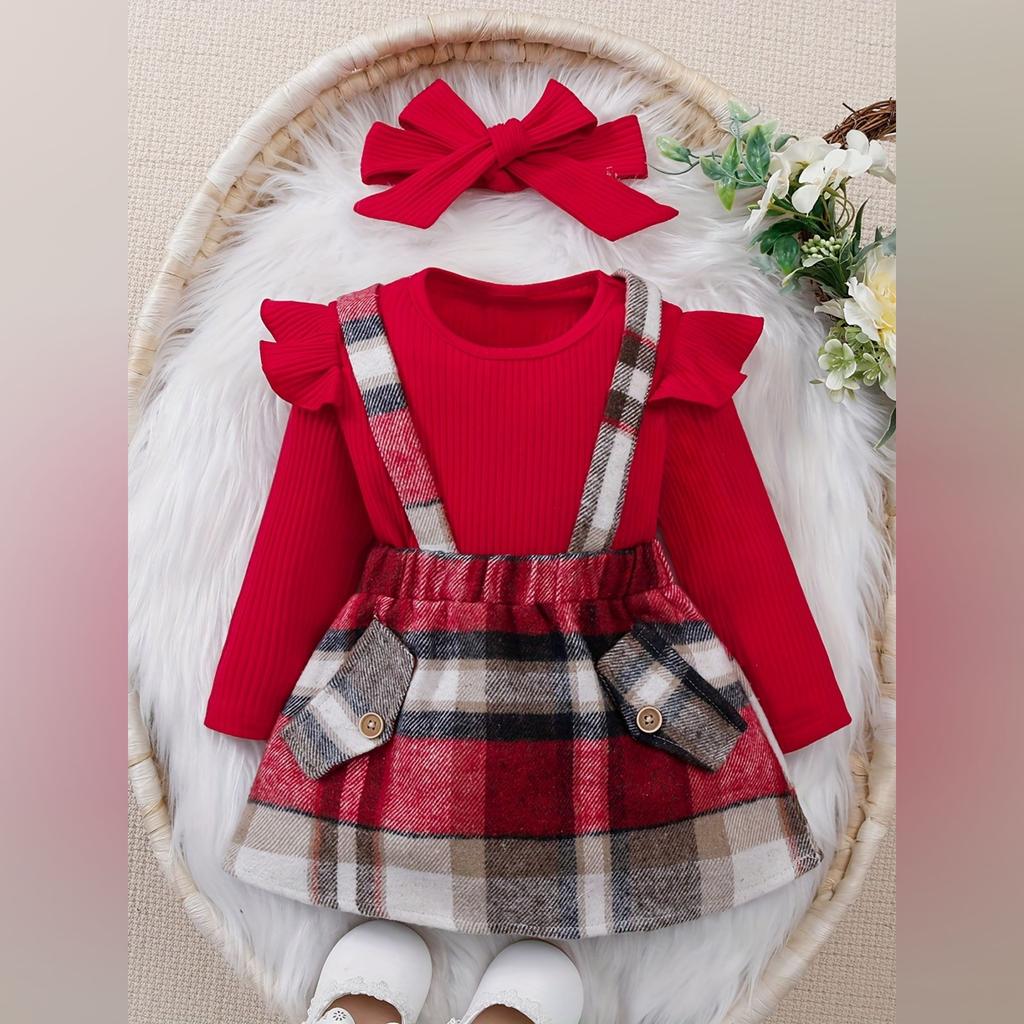 Minimalistisches Mädchen Kleinkind Karomuster Overall Kleid Set