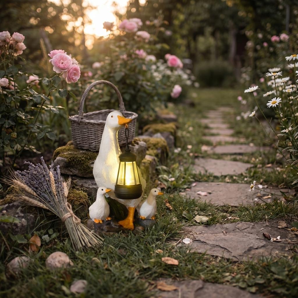 Garden Solar Light Duck Statue Outdoor Yard Decorative Figurine with Lantern for Landscape Patio Lawn Ornament