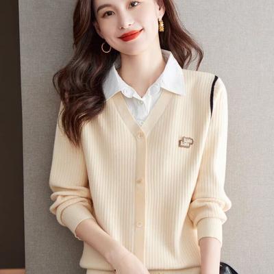 Top finto due pezzi per maglione da donna primavera nuovo camicia a maniche lunghe colletto camicia base in maglia