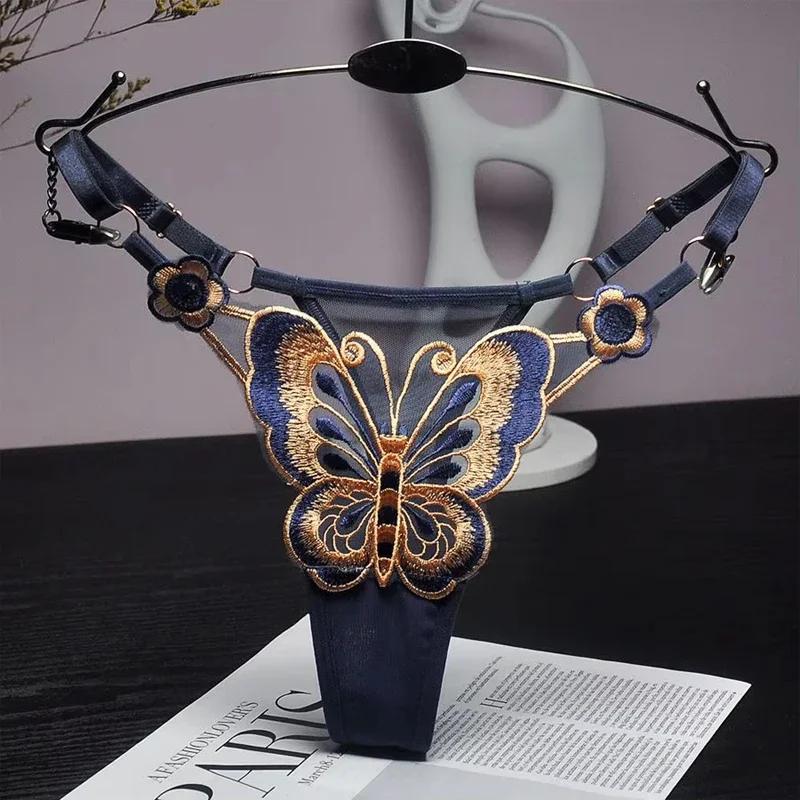 Butterfly Lace Thong for Women Low Waist G-String Transparent Mesh Panties Sexy Embroidered Briefs Adjustable Waist Culotte Femm
