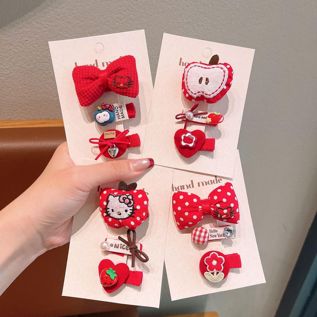 Children's Cartoon Hair Clip Set: Cute Bow and Red Decorative Clips for New Year