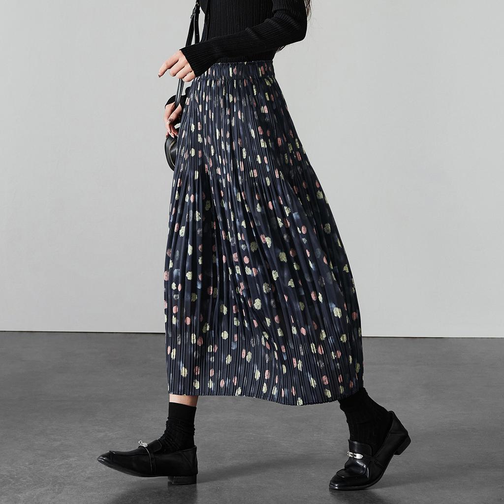 High waisted polka dot printed pleated skirt 2026 spring fashion loose and versatile mid length skirt