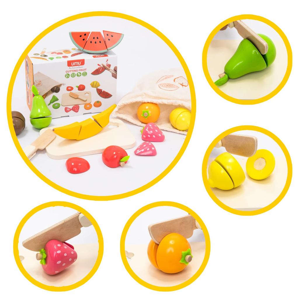 UMU Fruit Cutting Toy Wooden Montessori Educational Wooden Toy Fruit Candy Food Storage Bag Miniature Food Birthday Gift for Boys and Girls Ages 6