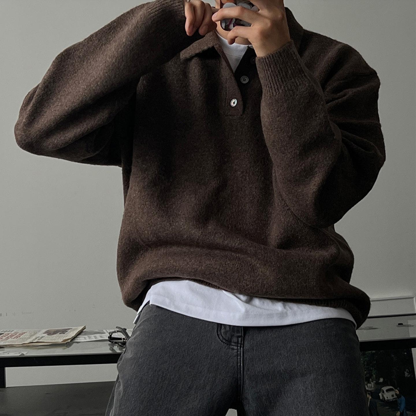 Men s Autumn/Winter Loose Korean Style Knitwear: Casual Lapel Sweater Pullover L