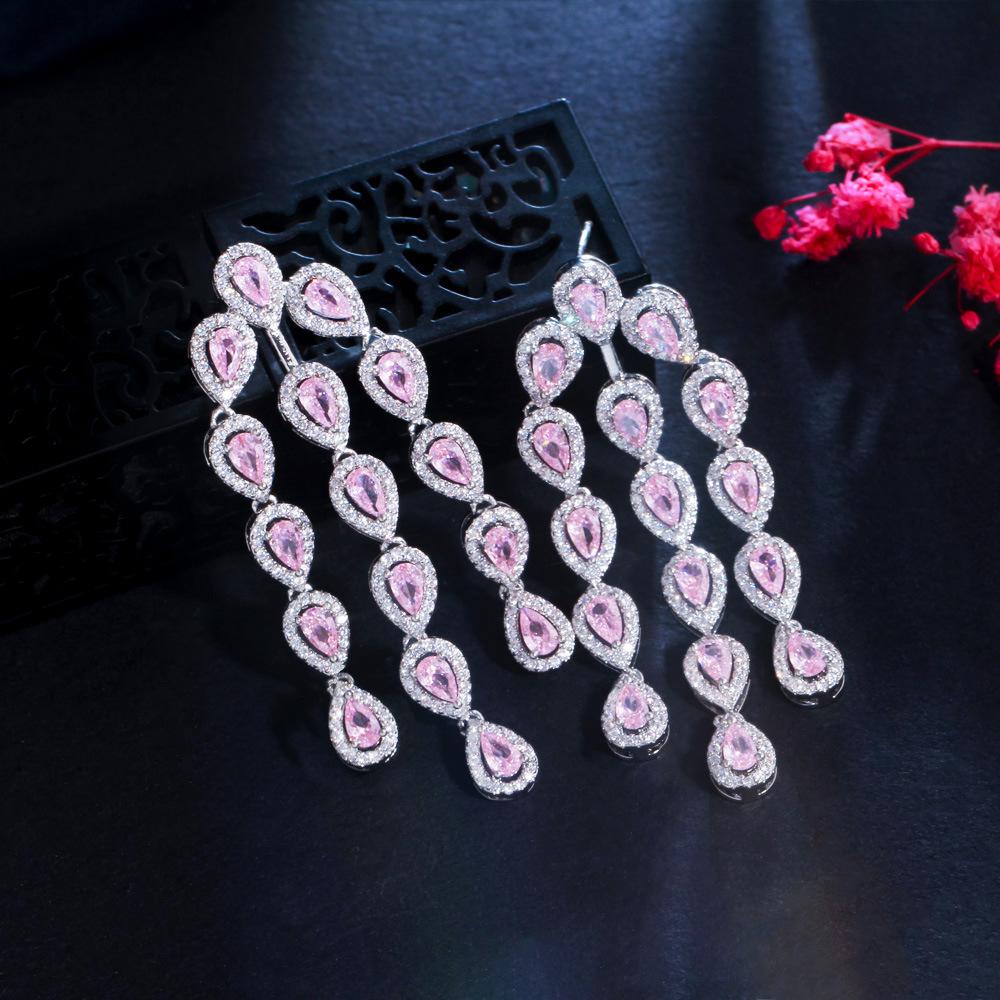 Needle Temperament Earrings Heavy Industry Micro-Inlaid Zircon Pink Diamond Water Drop Earrings Fringed Earrings