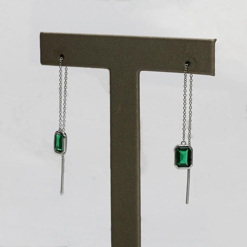 Silver Plated Emerald Cut Green CZ Threader Earrings, Long Chain Drop Earrings for Women
