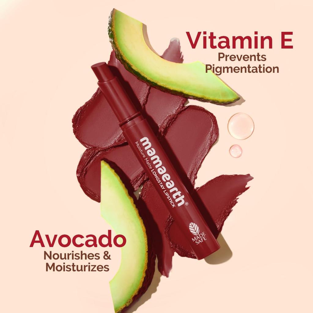Mamaearth Moisture Matte Longstay Lipstick 2 g Pack with Avocado Oil & Vitamin E for 12 Hour Wear Raisin Punch
