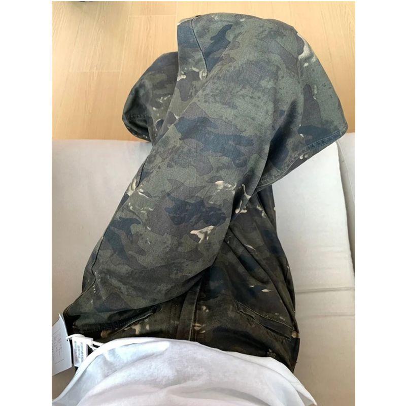 American Camouflage Workwear Denim Female XS Small High Waist Loose and Slimming Drooping Straight Wide-Leg Draggle-Tail Trousers