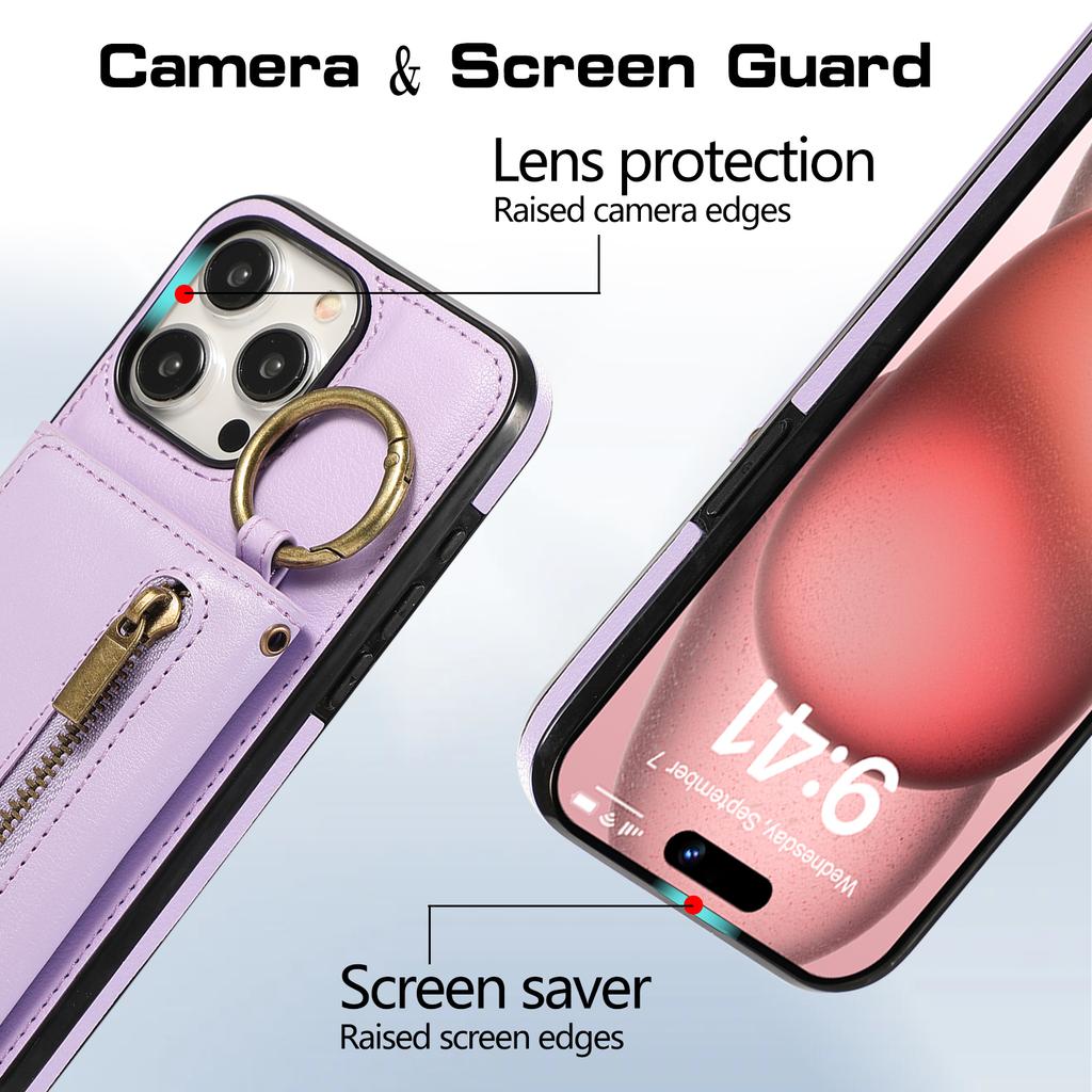 For iPhone 16 Pro Leather Back Cover Zipper Wallet Kickstand Phone Case with Shoulder Strap