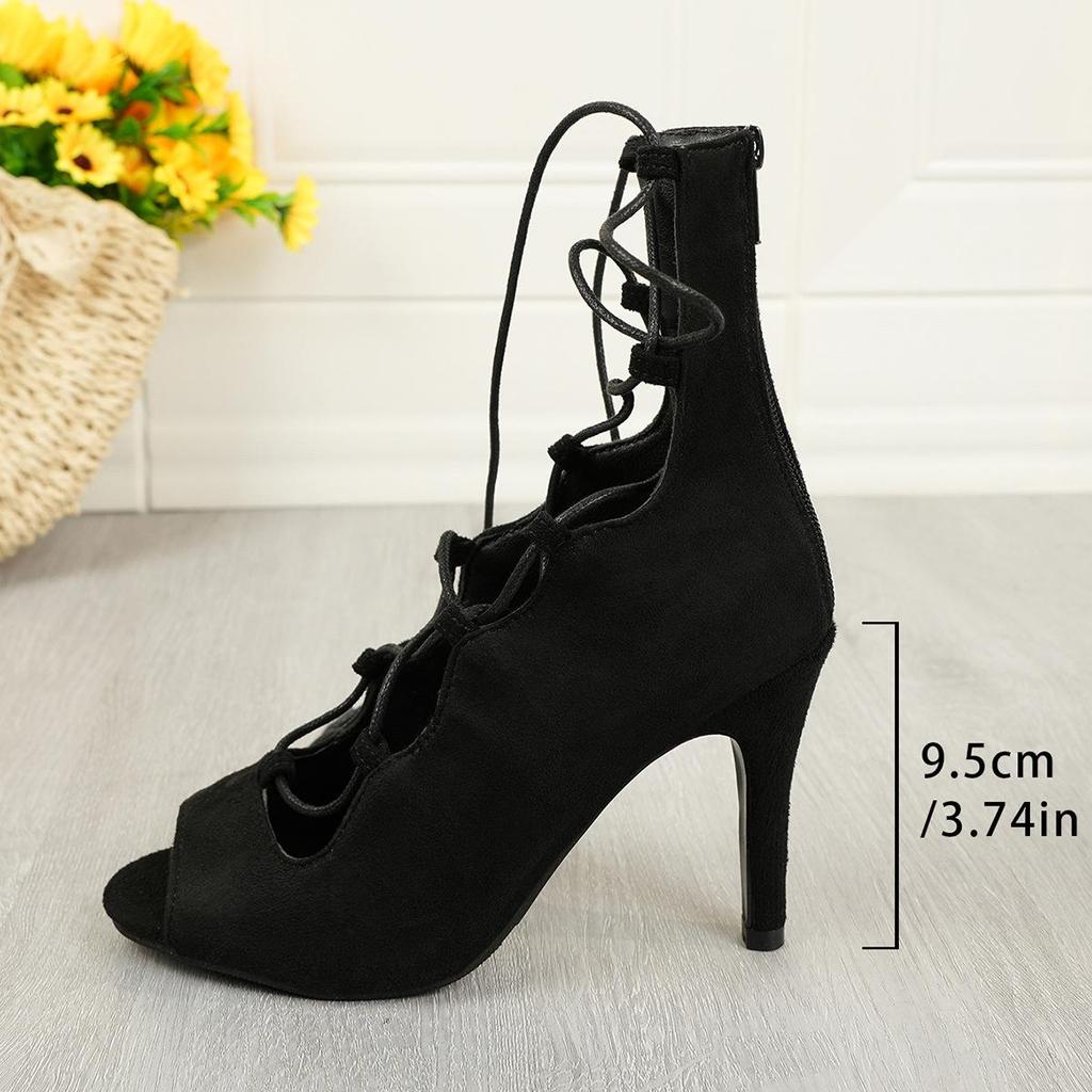 2024 Plus Size Lace-up Peep-toe High Heel Sandals - European & American Style, Suede PU