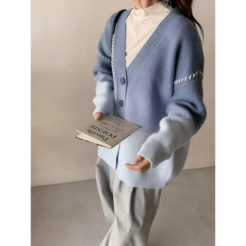 

Versatile gradual change knitted cardigan autumn and winter new loose casual lazy wind sweater jacket women average size