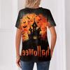 Women Casual V Neck Button Front Halloween Print T Shirt Top Three Quarter Sleeve Lightweight Soft Fabric Relaxed Fit