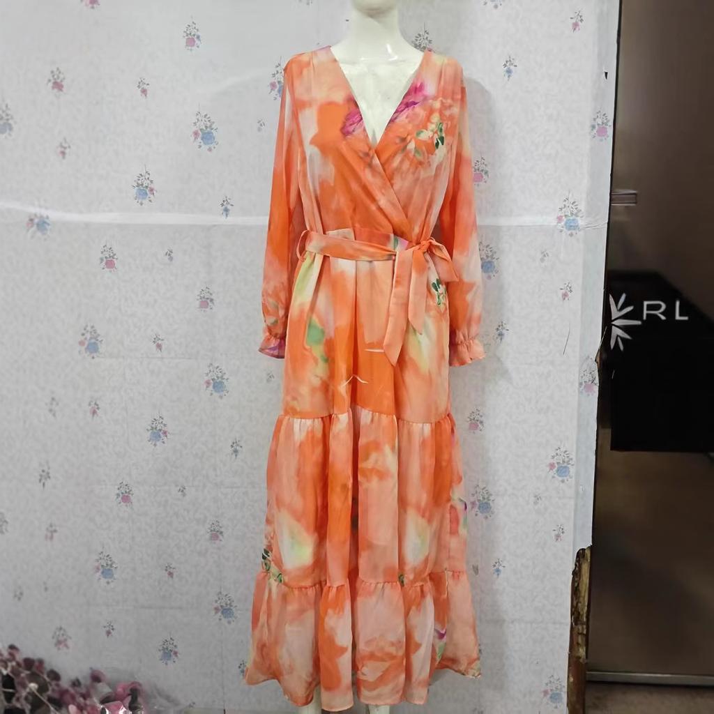 Women's Long Sleeve V Neck Watercolor Print Ruffle Hem Maxi Dress with Belt