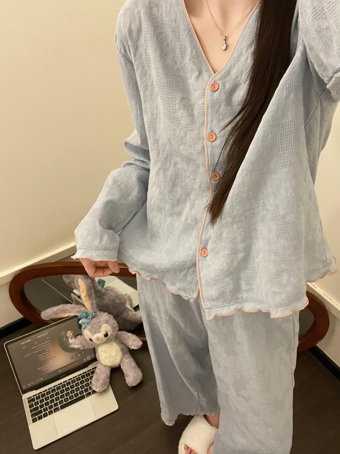 

[Spot] Gentle wind pleated decorative pajamas women s spring and autumn casual large-size loungewear set is in stock. 2xl (recommended 70~77.5kg )