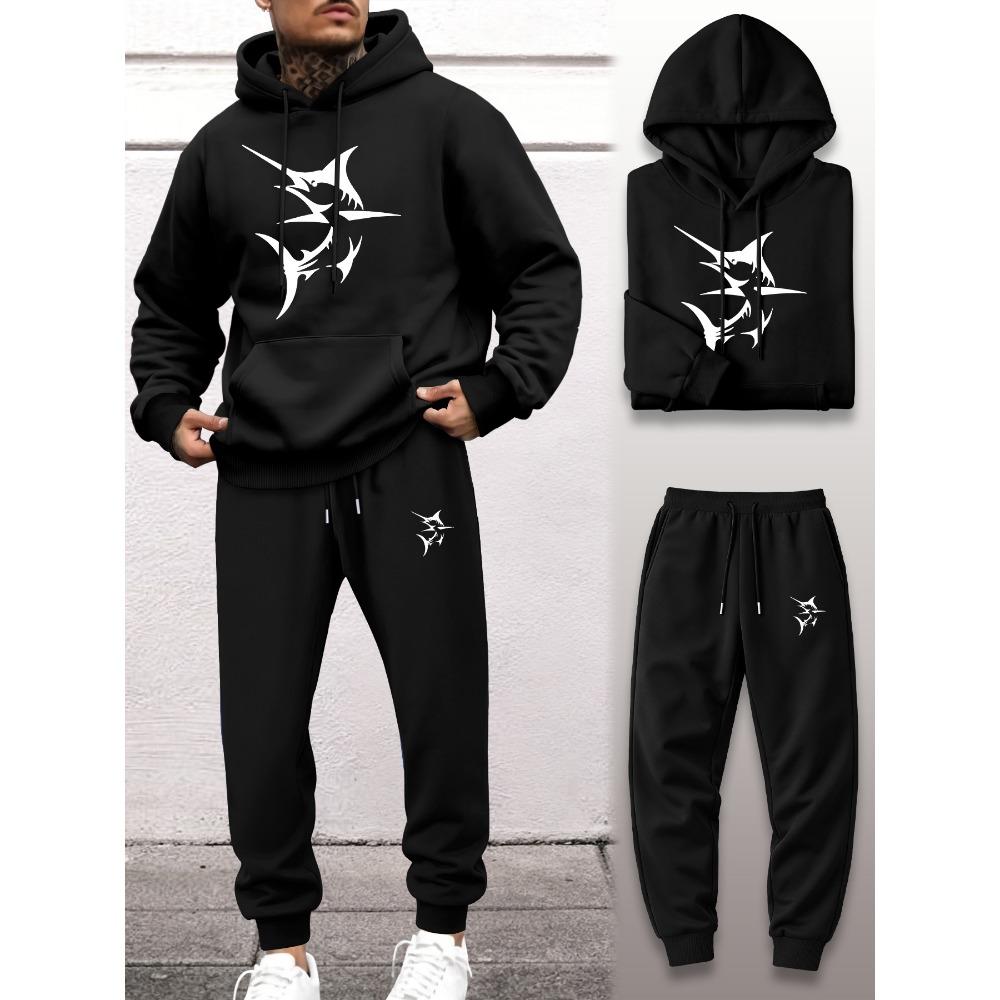 Swordfish Print Hooded Sweatshirt and Pants Two Piece Set Men's Sports Suit Casual Street Style Versatile for Daily Fishing Trips