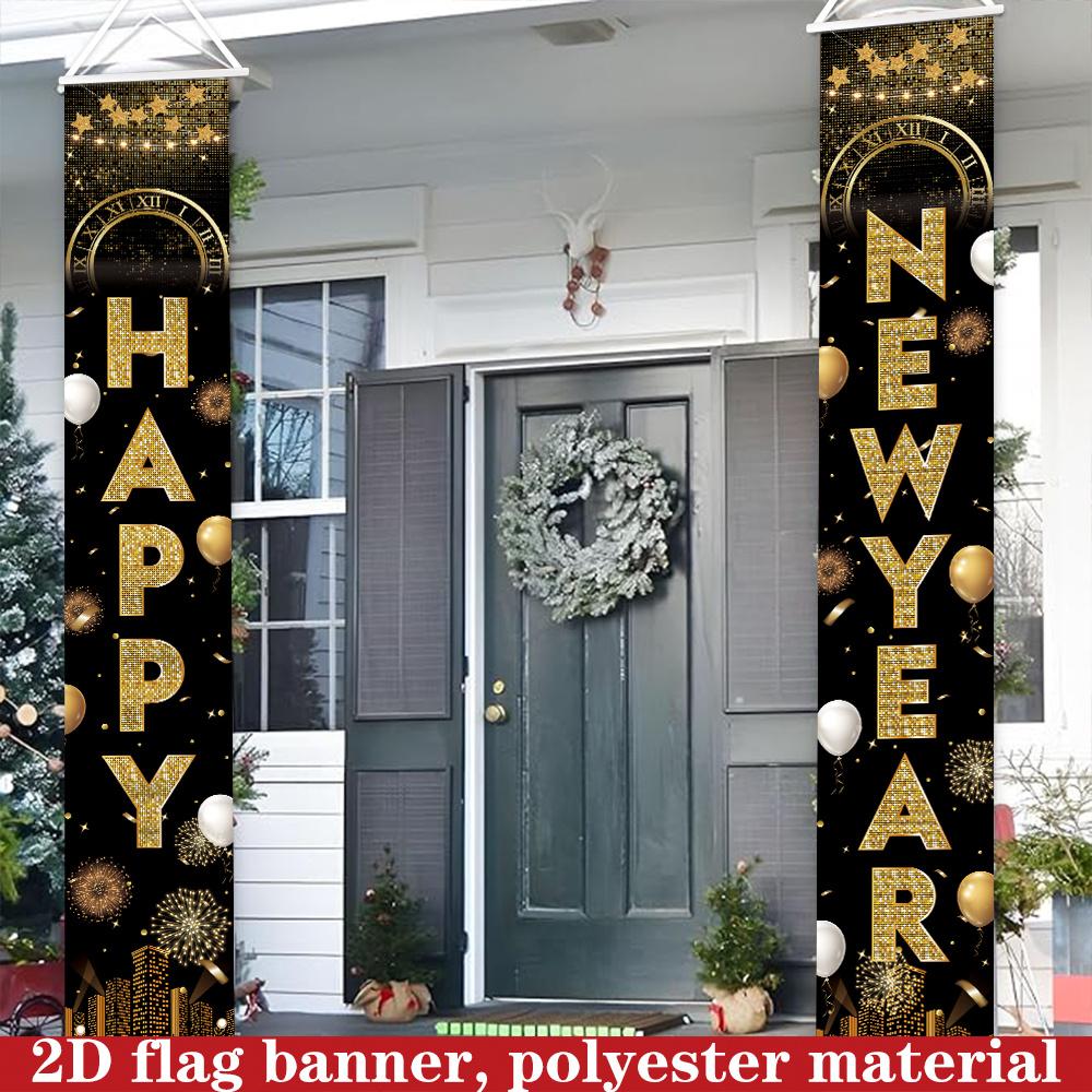 Happy New Year Couplet Banner Golden Black 1 Pair Polyester 180x30cm Indoor Outdoor Decor