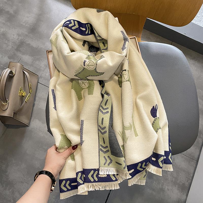

Autumn and winter new imitation cashmere pulling scarf women s thickened warm pony striped frame shawl warm scarf 190*65cm