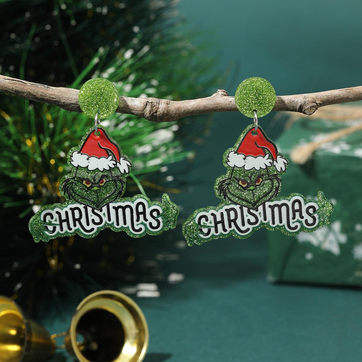 

Christmas Monster Green Hat Acrylic Earrings – Fun Cartoon Holiday Women s Jewelry