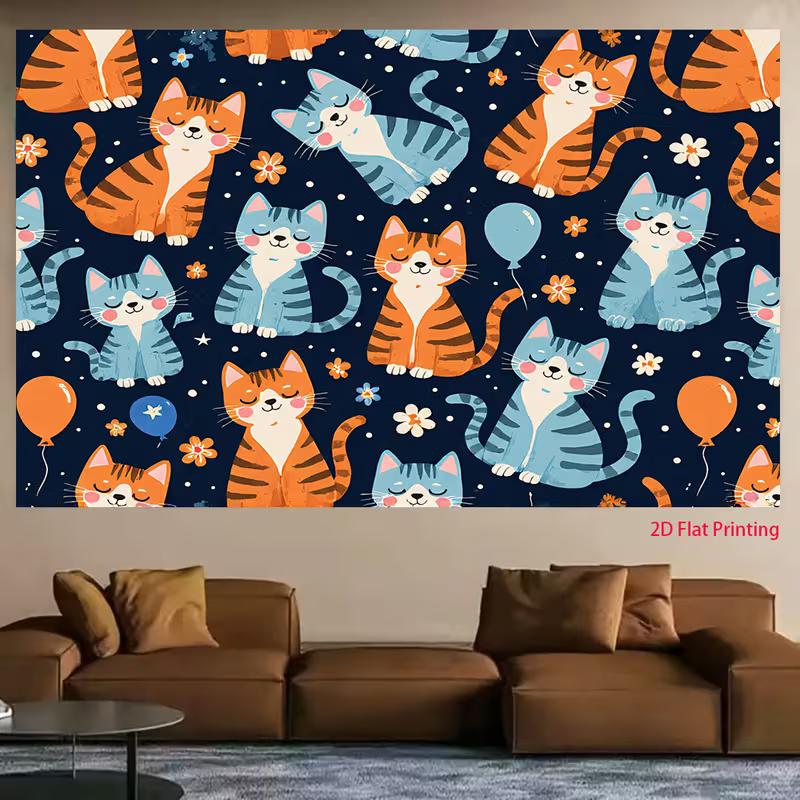 2D Cheerful Cat Tapestry, Cute Kittens for Kids Room Decor