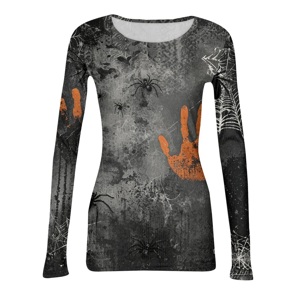 Womens Halloween Print Long Sleeve T Shirt Slim Fit Round Neck Casual Stretchy Basic Top for Autumn Winter