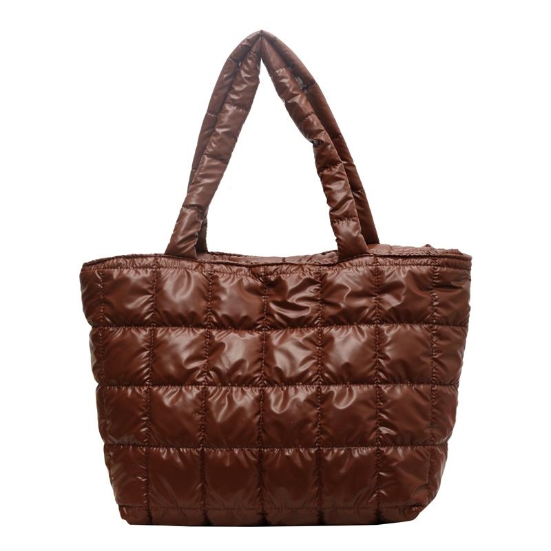 Women Girls Winter Shoulder Bag Zipper Closure Plain Check Bag Gloss Surface Cloud Bubble Bag Basic Style For Shopping Traveling