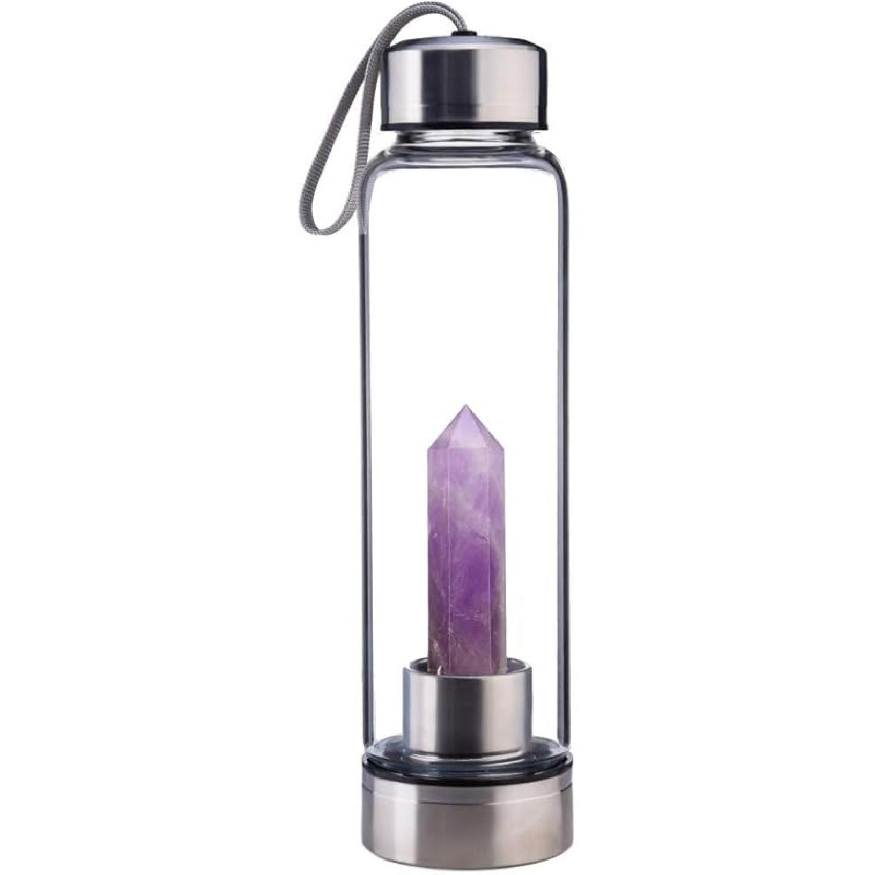 Crystal Elixir Glass Water Bottle with Amethyst Gemstone Healing Crystal Infused Obelisk Wand Energy Cup (Amethyst)