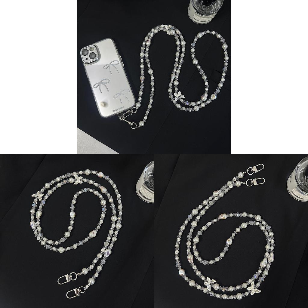 Pvc Pearl Butterfly Phone Lanyard With Beaded Chain For Women And Men
