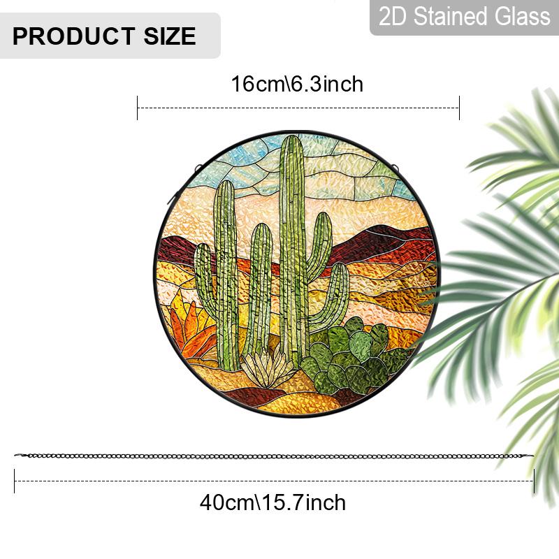 

2D Flat Stained Glass Green Cactus Window Decoration, 6.3/7.87inches Desert Landscape Colored Glass Plate with Chain, Charming Spring Summer Sun 6.3inch