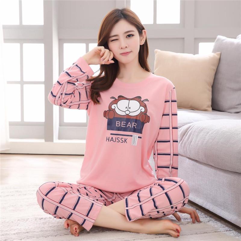 Women's Korean Style Pajama Set: Long Sleeve, Round Neck, Cute Cartoon Print, Comfortable for Spring & Autumn