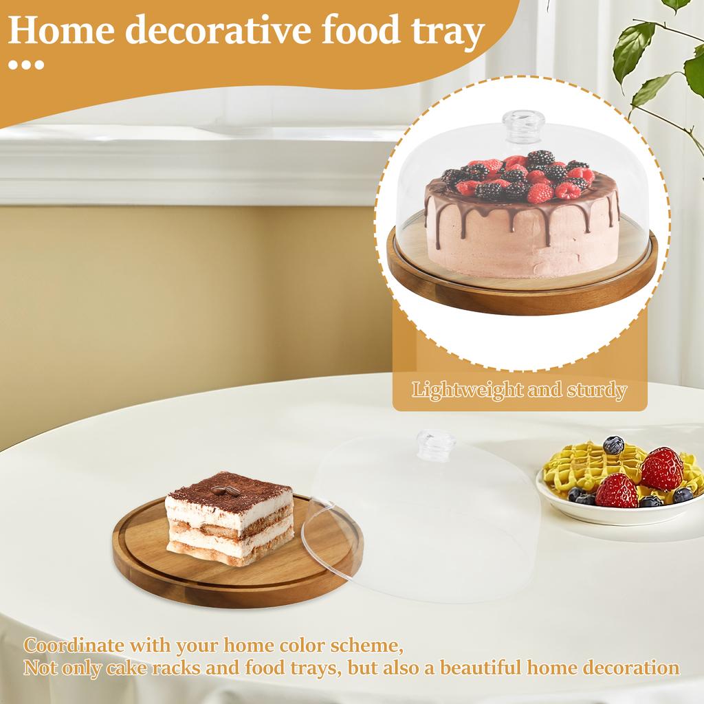 Wooden Cake Stand Round Wood Cake Plate with Acrylic Lids Decorative Cake Holder Multi-functional Dessert Platter for Birthdays
