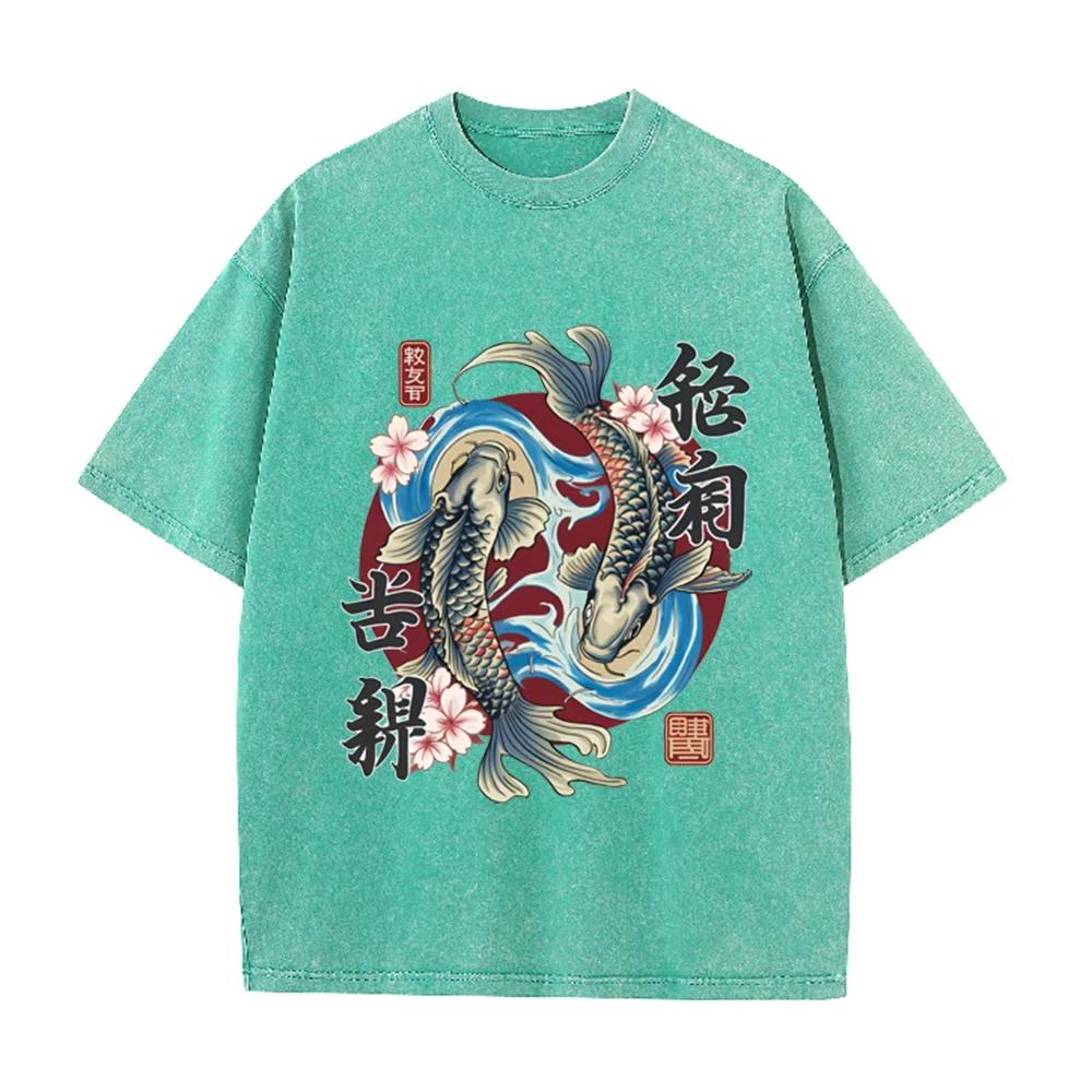 2026 Mens Japanese Style Koi Fish Carp Printed Crew Neck Tee 100 Pure Cotton Loose Fit Soft Breathable Short Sleeve Daily Walkin