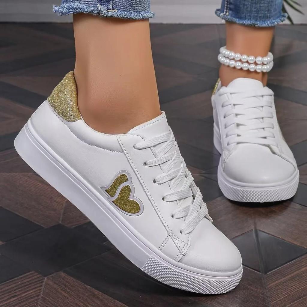 Women's Shoes New Fashion Golden Love Small White Shoes Women Lace-up Comfortable Women's Casual Single Shoes  De Mujer