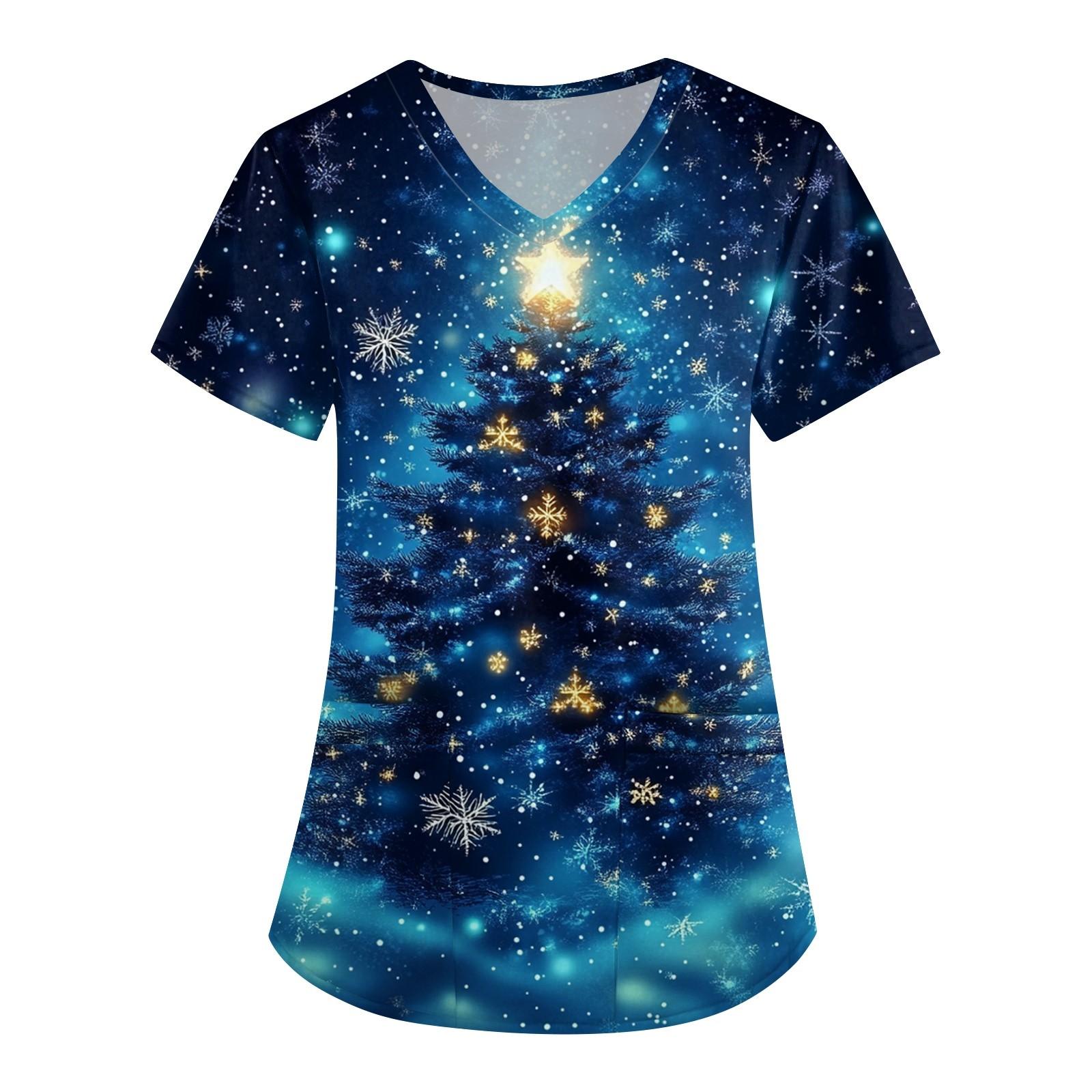 

Женская симпатичная рабочая одежда с принтом, V-образным вырезом, двухслойными карманами, базовым коротким рукавом, пуловером на Рождество XXL