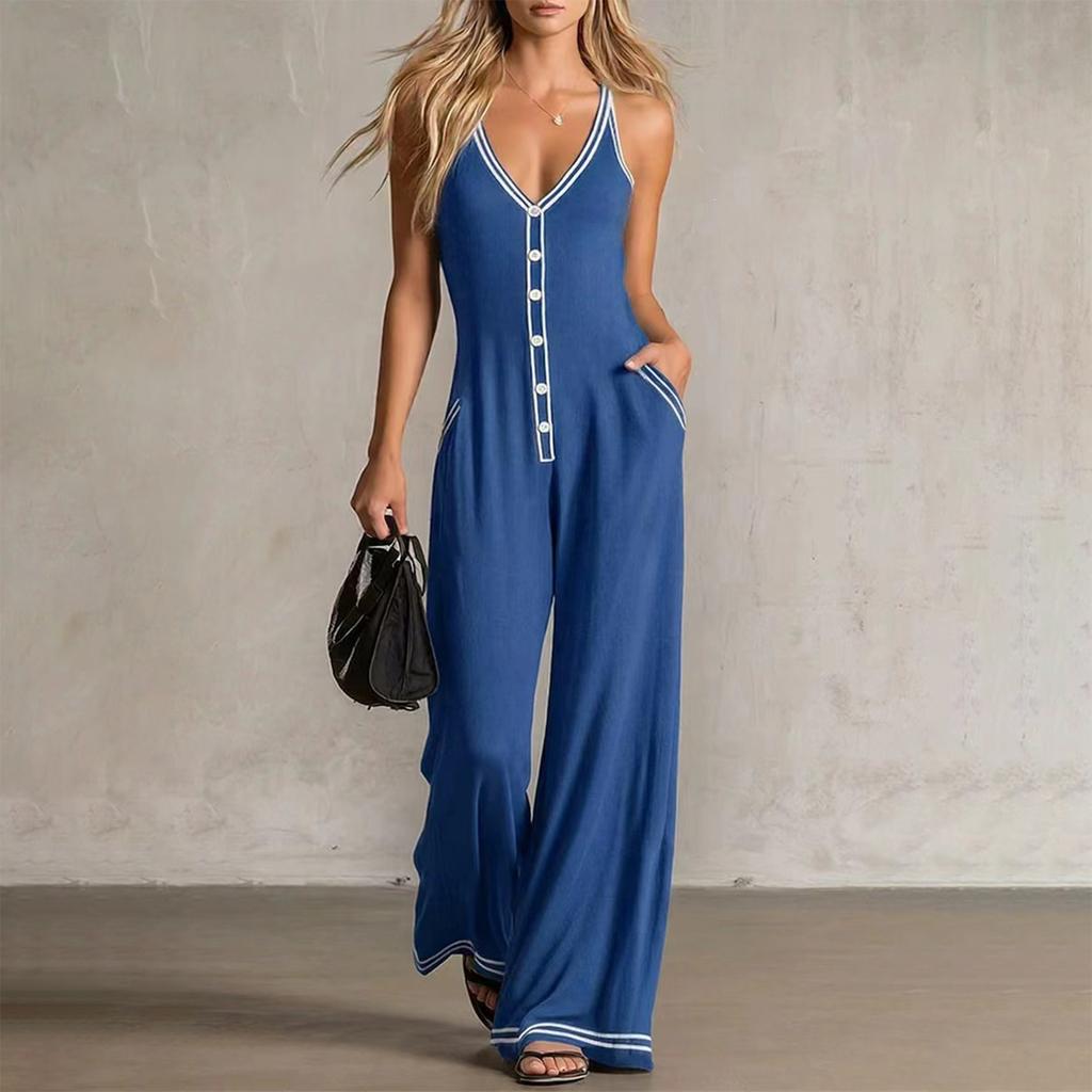 Damen ärmelloser Jumpsuit V-Ausschnitt Knopfleiste Weites Bein Tasche Lässiger Einteiler Romper