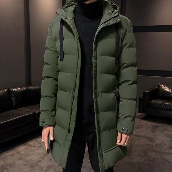 Autumn Winter Men Jacket Cotton Padded Hooded Long Sleeve Drawstring Mid-length Windbreaker for Daily Wear