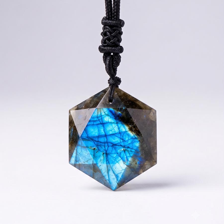 Natural Labradorite Hexagon Pendant Necklace, Faceted