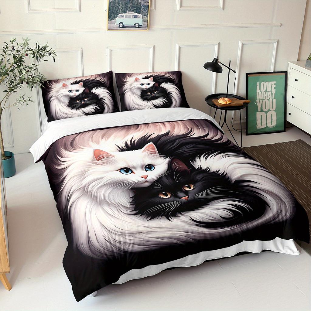 Comforter 3Pcs Cute Cat Yin Yang Black White Cats Bedding Set Soft Microfiber Bedroom Decor Four Seasons