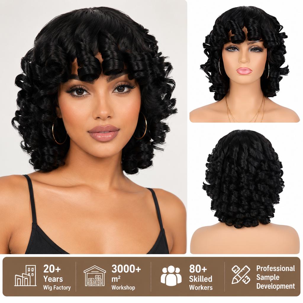 Direkt vom Hersteller Kurze Schwarze Jerry Locken Perücke Mit Pony Hitzebeständig Synthetisches Haar Damen Verstellbar Natürlicher Haaransatz Kleberlos Täglich