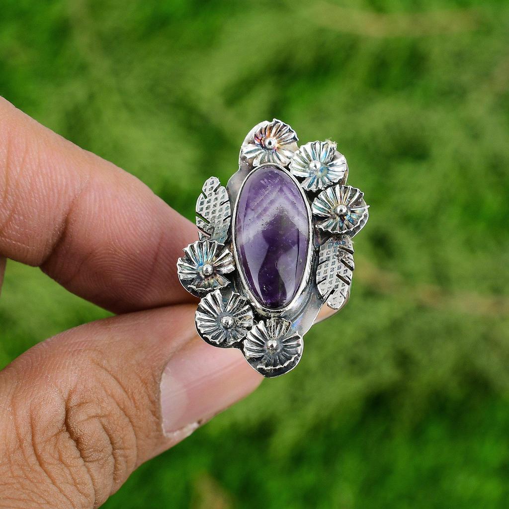 Natural Chevron Amethyst Promise Flower Adjustable Ring 925 Silver For Girls