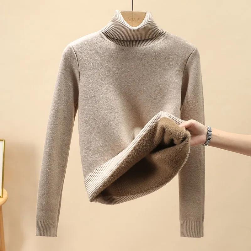 Turtleneck Sweater Fleece Thick Knitted Top Women's Korean Style Loose Pullover Sweaters Winter Warm Cashmere Bottoming Shirt