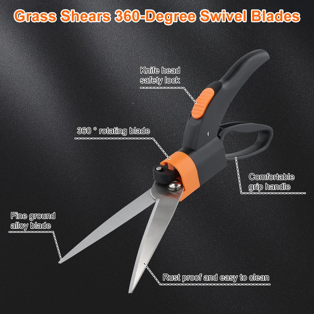 Gardening Grass Scissors Ultra-Sharp Grass Shears with 360 Degree Steel Handheld Lawn Scissors Multifunction Gardening Shears